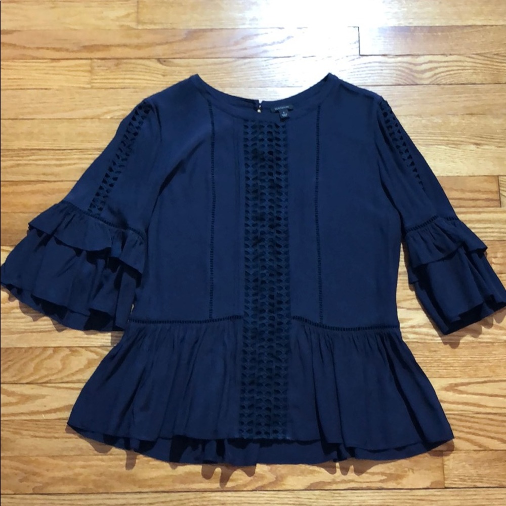 Ann Taylor Navy Peplum, Eyelet, Ruffle Blouse